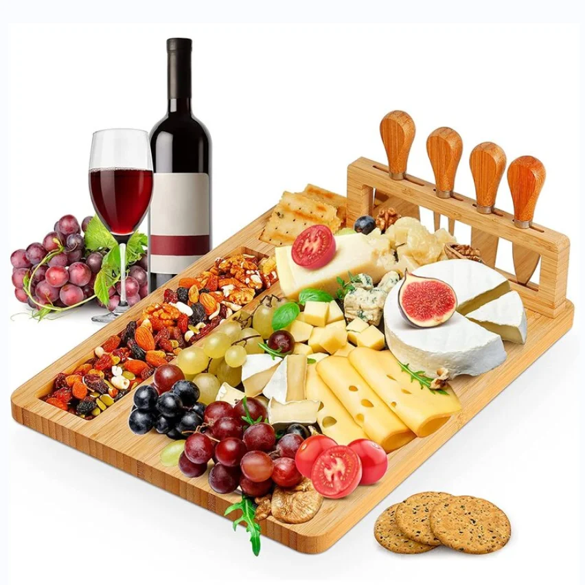 

Unique Gift Bamboo Cheese Board Knife Set Serving Tray for Crackers Meat Wine Wood Charcuterie Platter with Cutlery Drawer