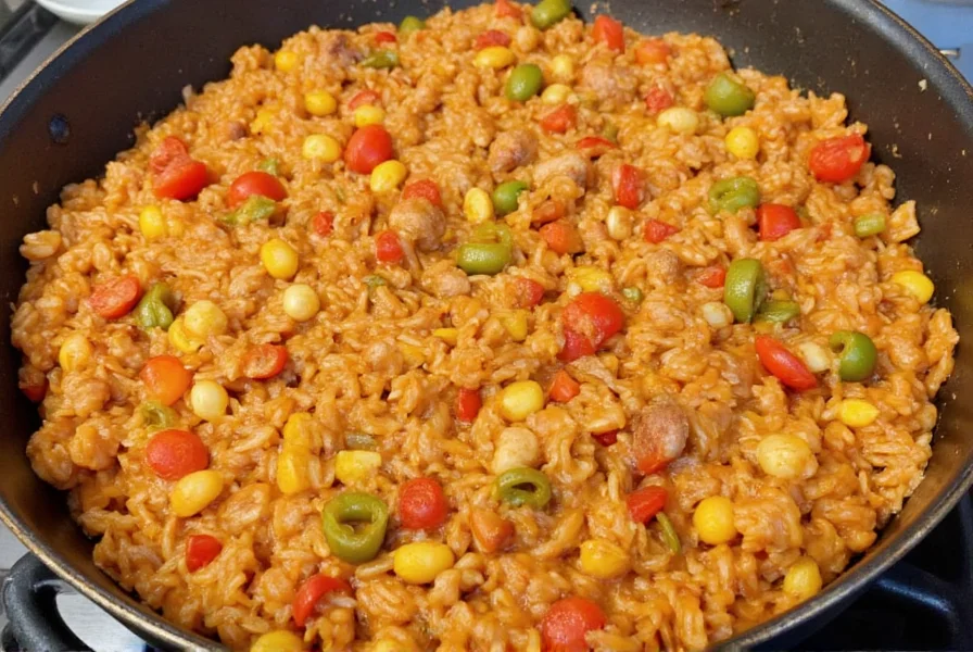Traditional jambalaya served in a large cast iron pot over an open flame