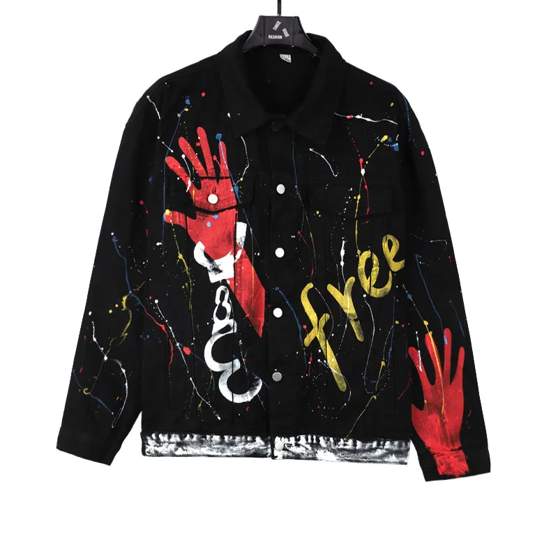 

Free Style Blouse Printed Single Row Cover Buckle Black And Denim Jean Jacket