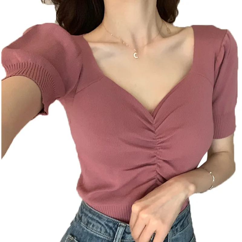 

Women Summer T-shirts Short Puff Sleeve Knitting Crop Tops Women Stretchy Pleated T-shirt Candy Color Harajuku Tee for Women