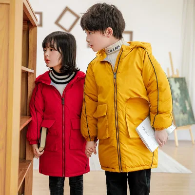 

2019 Wholesale Children boy and girl Clothes Kids Boutique Clothing Mid-Length Thickened Winter Warm Coat with Hooded Outerwear, Pink,blue, yellow,creamy-white,red,black