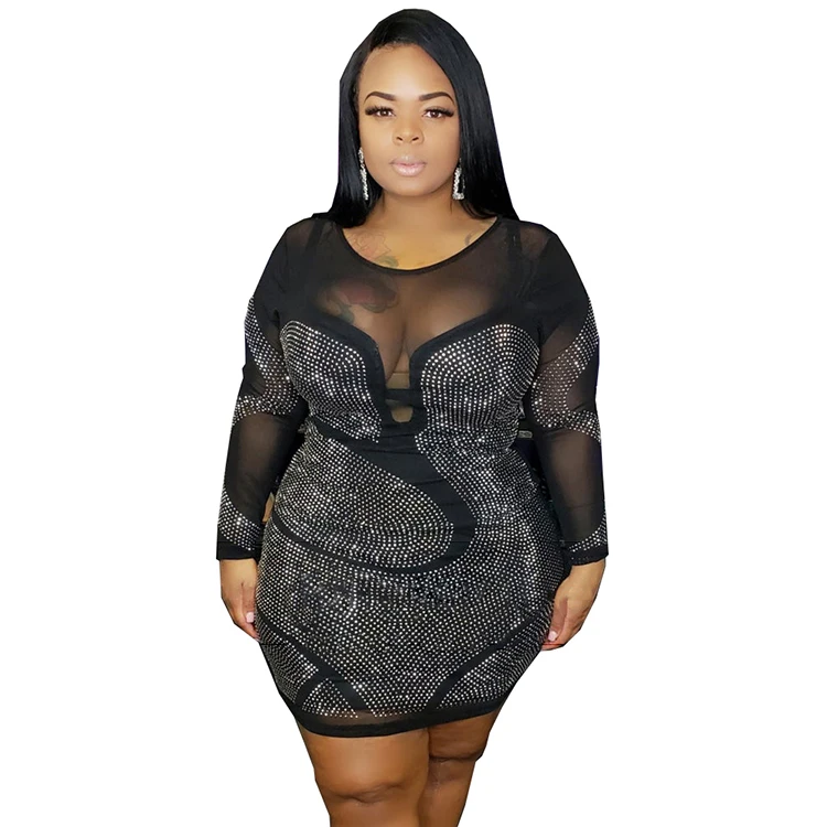 

Sexy mesh diamond fishnet dress plus size women clothing wholesale