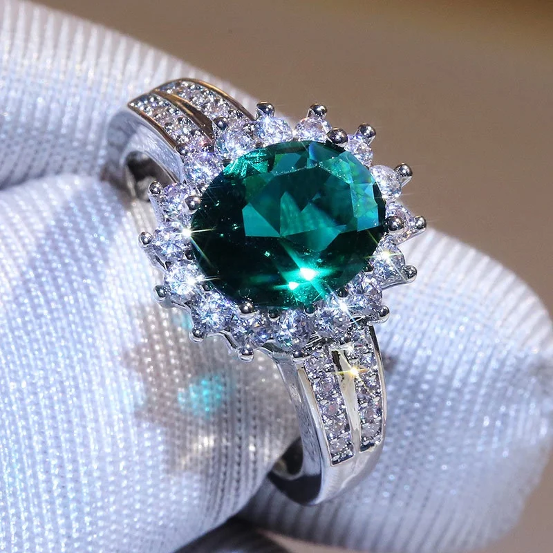 

Luxury Green Crystal Ring Princess Crown Halo Engagement Wedding Rings Cubic Zircon silver color Rings for Women, Picture shows
