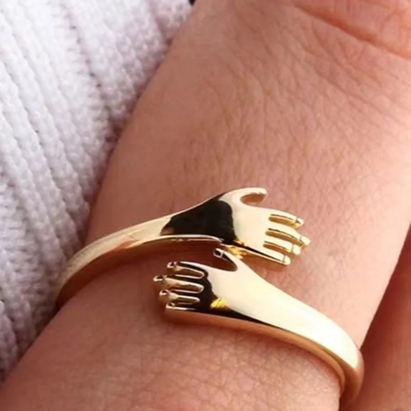 

High End 18K Gold Plated Hand Hug Stainless Steel Finger Rings Fashion Jewelry