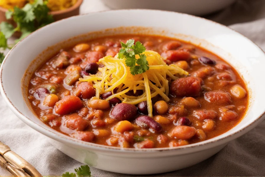 Colorful vegetarian chili with three bean varieties in white ceramic bowl