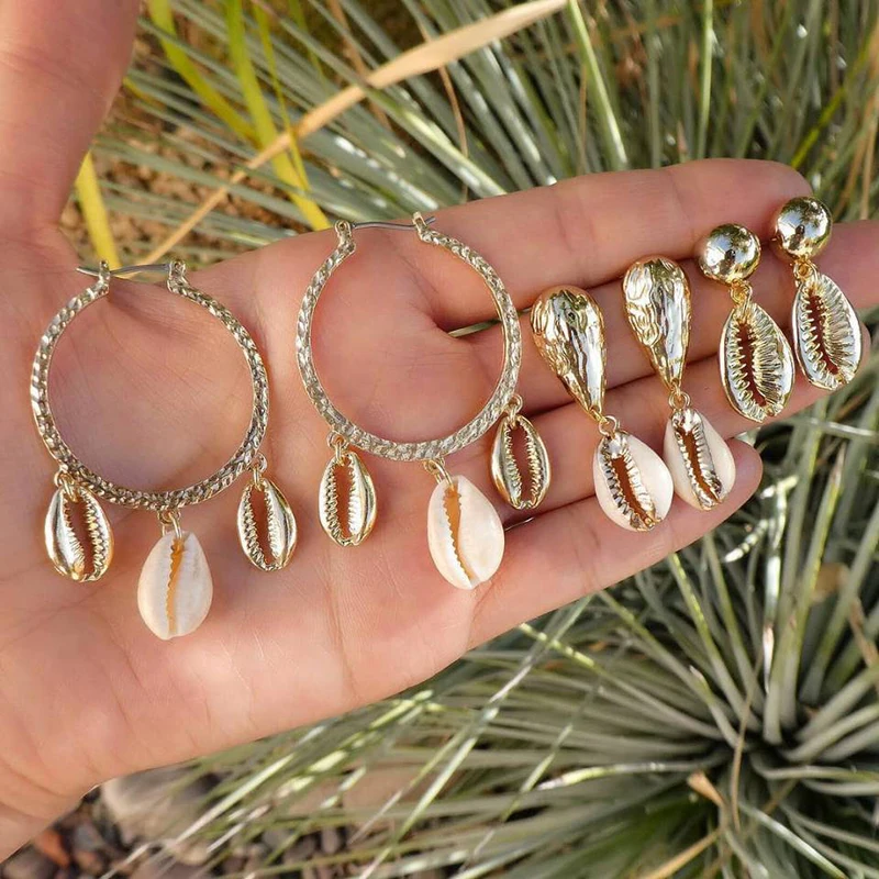 

HOVANCI Shell hoop earring set amazon bestseller fashion design 7 natural cowrie shell hoop earring for women, Gold