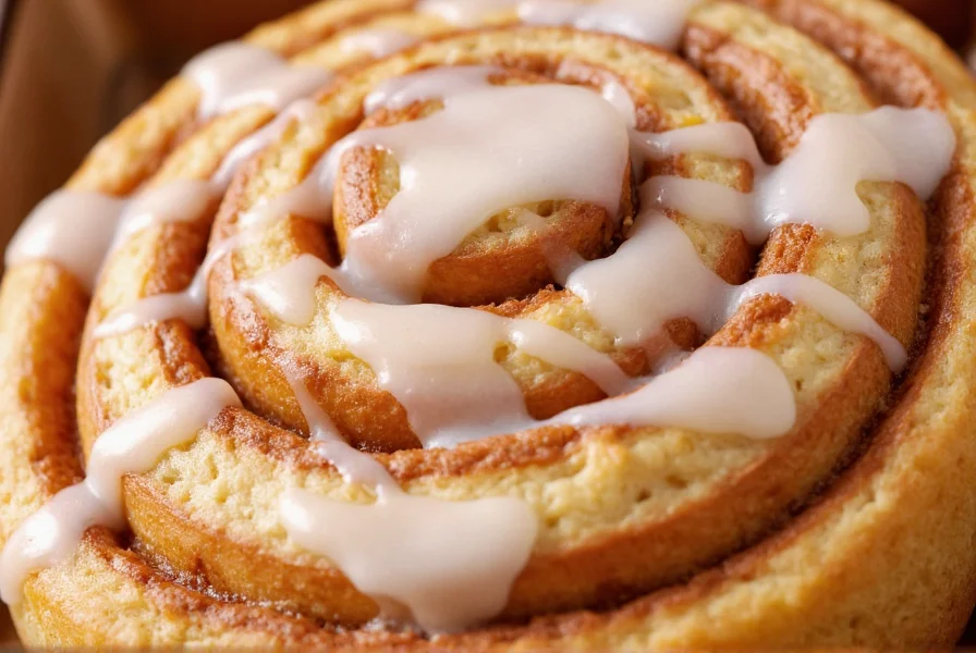 Close-up photography of freshly baked cinnamon roll with visible spiral layers, melted butter between layers, and creamy white icing drizzled on top