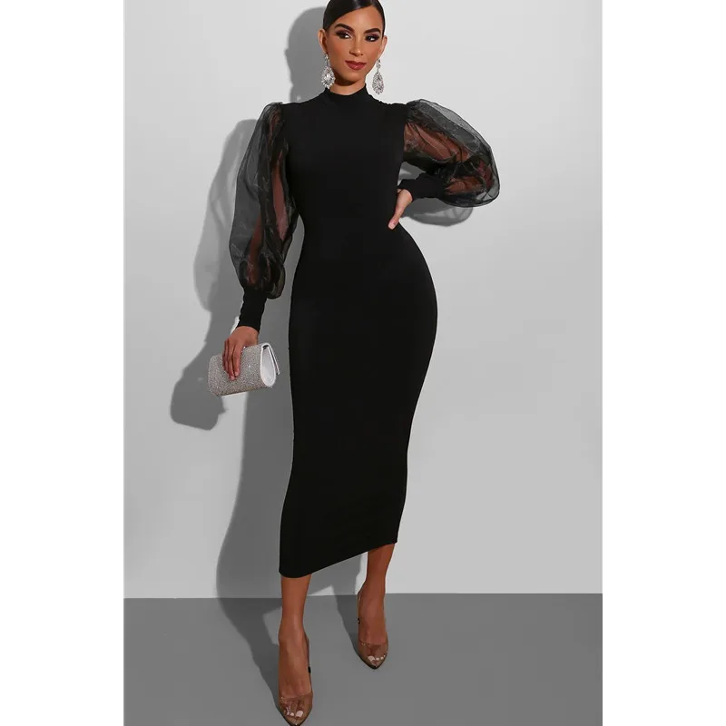 

Sexy Sheer Mesh Puff Long Sleeve Dress Women Elegant Off Shoulder Bodycon Mini Women Dress Christmas Club Party Dress, As show