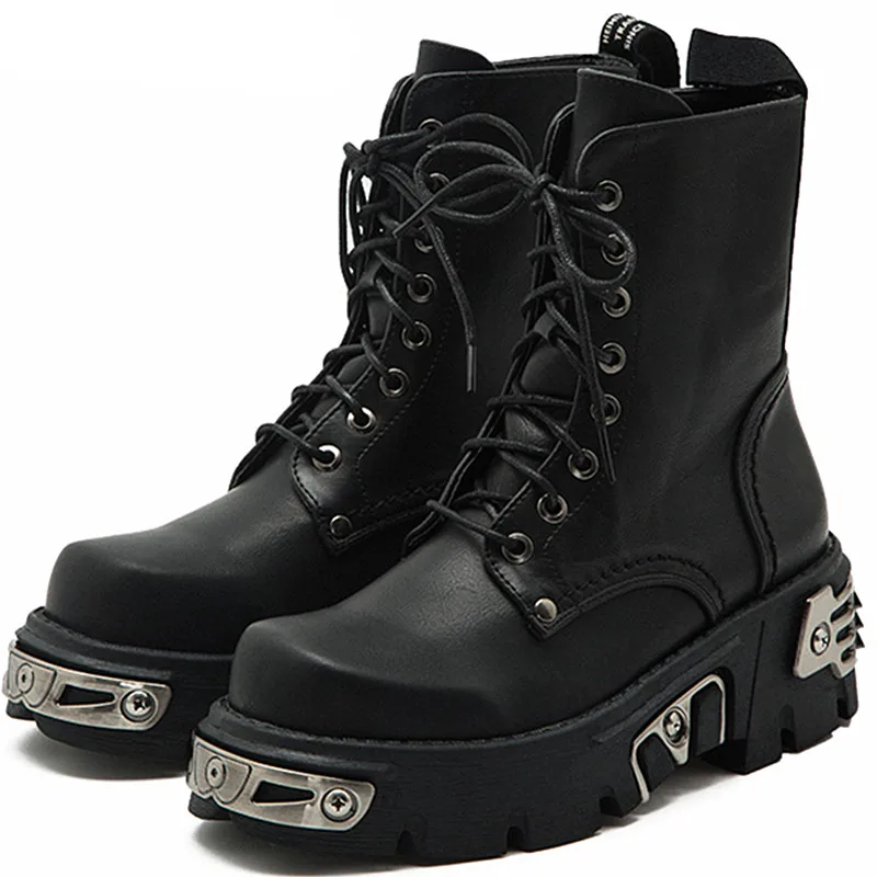 

6CM Punk Style Platform Women Ankle Boots 2020 Women's Motorcycle Boot Fashion Ladies Chunky Shoes Metal Decor Black