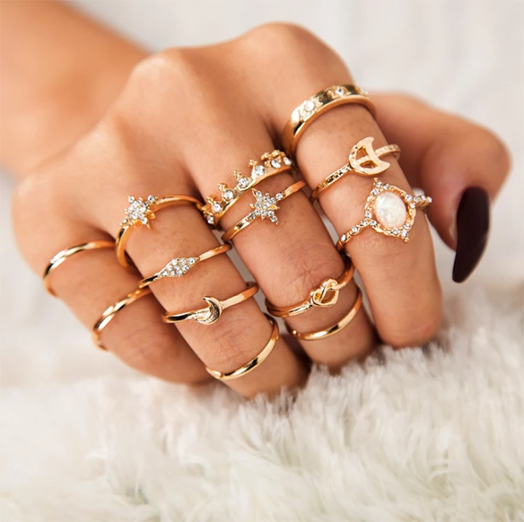 

Fashion Golden Bohemian Knuckle Rings Jewelry Set Women Vintage Gem Crystal Rings Crown Star Moon Joint Knot Ring Sets Girls, Gold