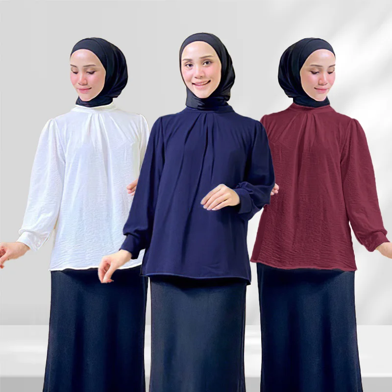 

Latest Wholesale Malaysia Dubai Abaya Muslim Women Tops Long Sleeve Casual Crew Neck Modest Jazz Crepe Muslim Blouses Shirts