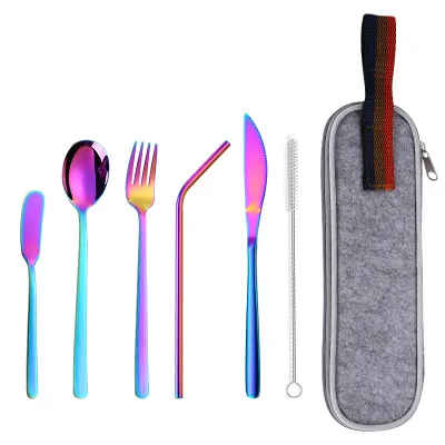 

Portable Travel Felt Bag Packing Colorful Stainless Steel Cutlery Set Drinking Straw set, Silver, gold, rose gold, black, colorful color, blue, purple