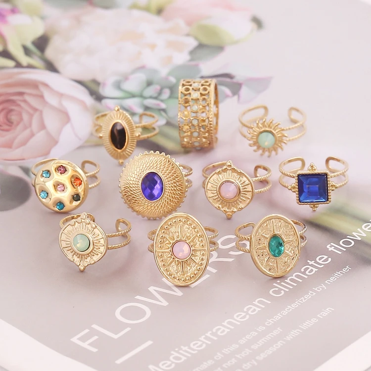 

G423 Trendy Jewelry Plated Gold Stainless Steel Open Ring Adjustable Vintage Inlaid Blue Zircon Ring