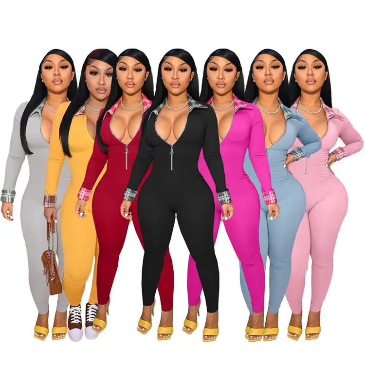 

New Arrival 2021 Solid Color Deep V Zipper Top Rompers And Jumpsuit Rompers One Piece Jumpsuit Long Sleeve Jumpsuit For Women