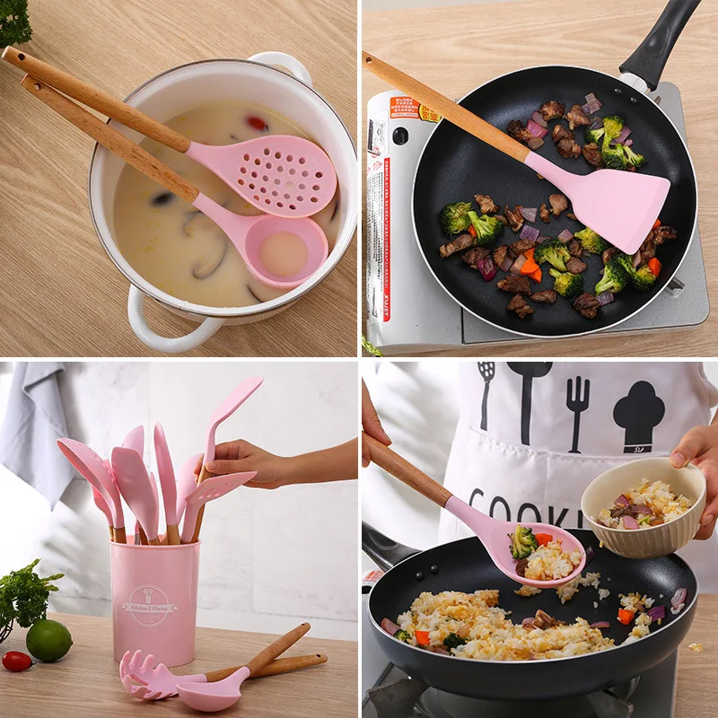
11pcs Heat Resistant Wooden Non-Stick Cooking Kitchen Gadgets Tools Silicone Utensils Set With Storage Bucket 