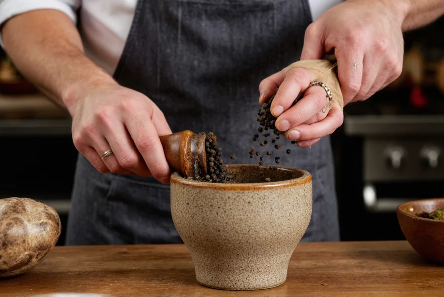 Chef grinding fresh peppercorns into a mortar and pestle