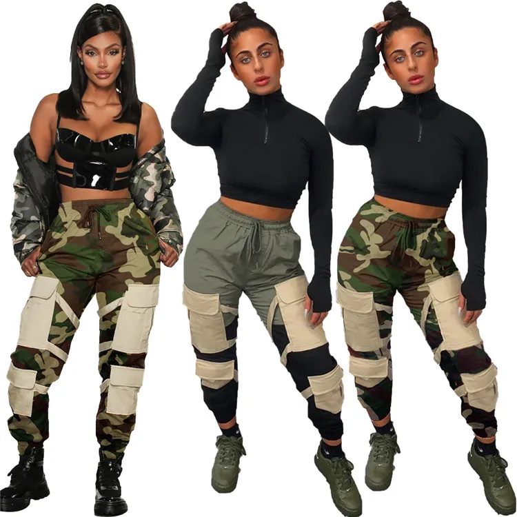 

New Designer Ladies Long Pants Trousers Clothing 2020 Contrast Color Drawstring High Waisted Casual Wear Women Cargo Pants, Picture