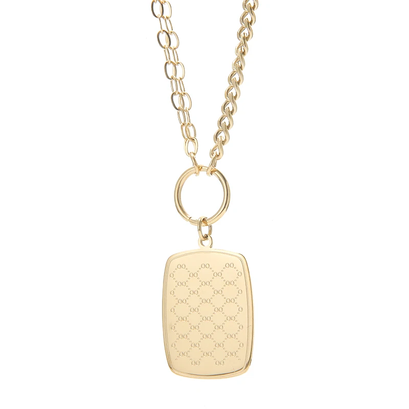 

New Fashion Engraved Square Tag Pendant Necklace Stainless Steel Gold Jewelry 18k Dropshipping
