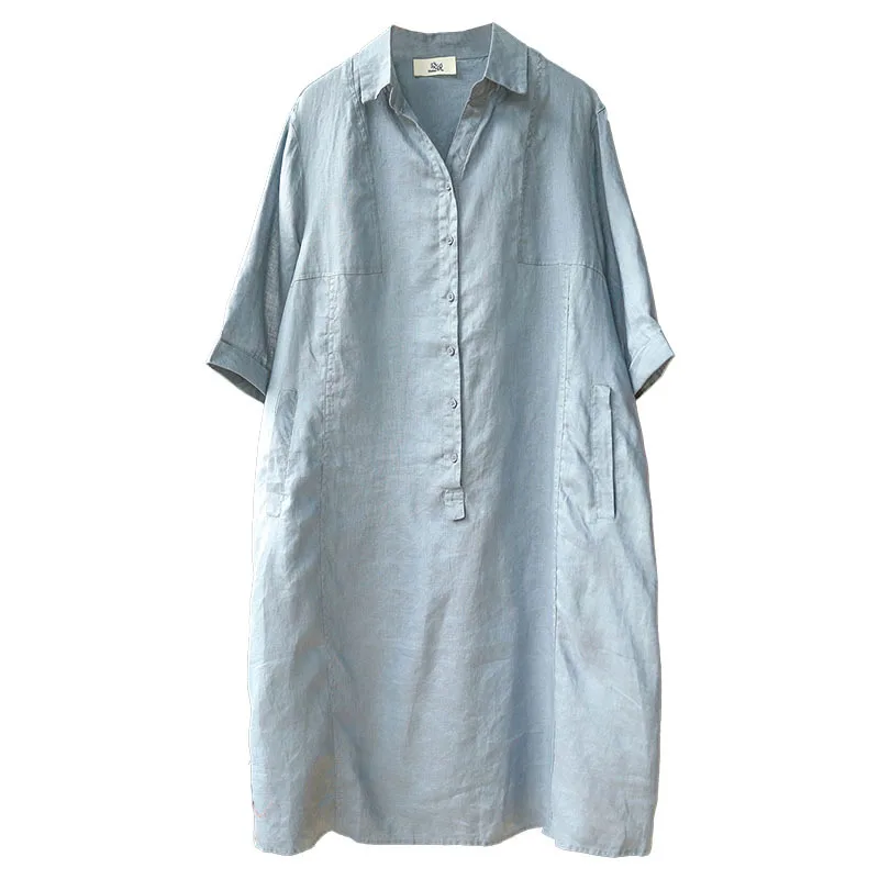 

Super temperament Korean casual loose large size pure linen V-shelled shirt dress female sleeves