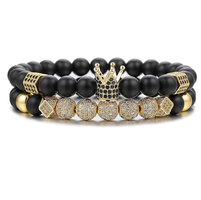 

8mm natural black matte onyx gold crown bracelet stainless steel jewelry bead black real mens crown bracelet