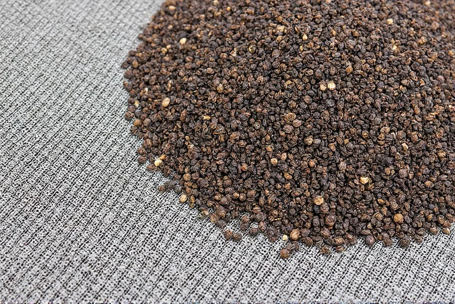 Comparison chart showing different black pepper mesh sizes from 8 to 30 with precise measurements and visual representation