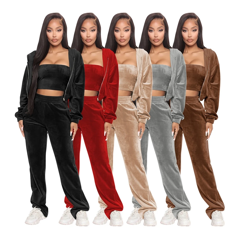 

MD-20101501 Crop Hooded 2 Piece Pants Jogger Set Coats Jackets Fall Sexy Velvet Velour Tracksuits Two Piece Pant Sweatsuit Sets