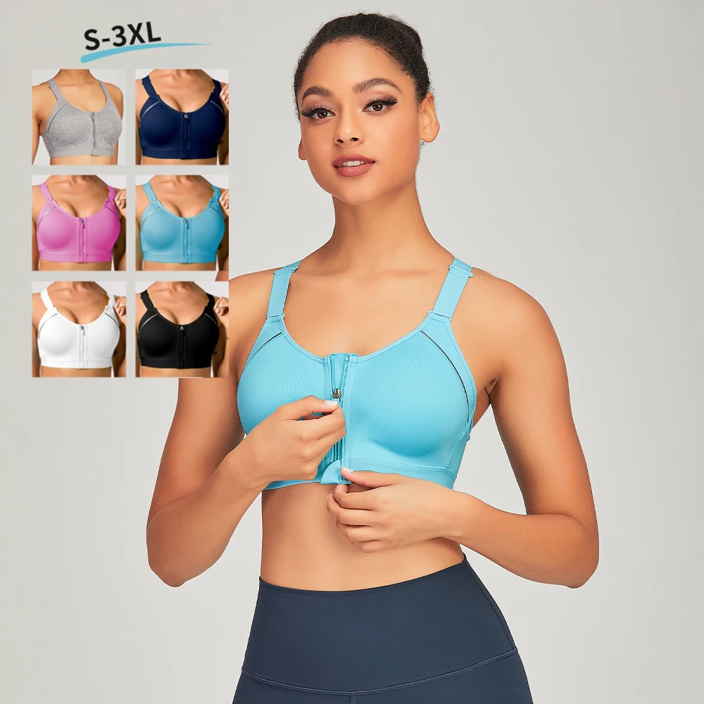 

Plus Size 6 colors Women Front Zipper Yoga Sports Bra Gym Running Padded Push Up Sportwear Tank Top Shockproof Yoga Bra, Black,white,pink,gray,blue,navy