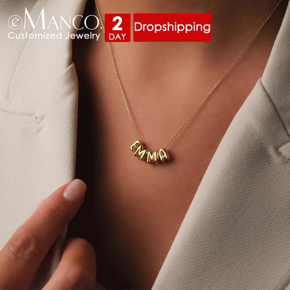 Emanco Drop Shipping Women's Name Necklace Customized 3D Bubble Gold-Plated Stainless Steel Letters Trendy Personalized Necklace