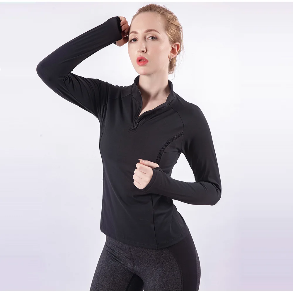 Nylon Spandex Women's Top Fitness Long Sleeve Zipper Collar Women's ...