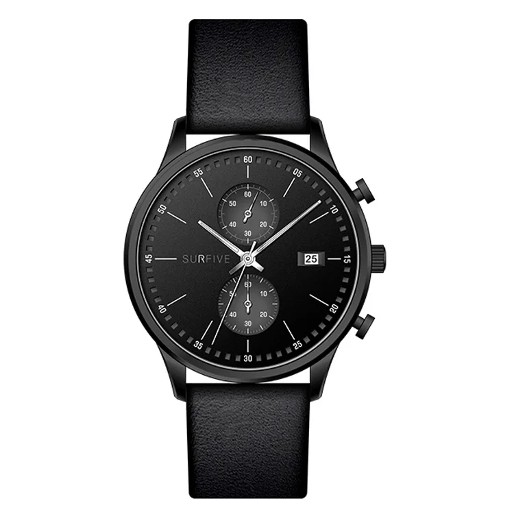

Wholesale 3ATM Waterproof Mens Black Genuine Leather Quartz Stainless Steel Watch