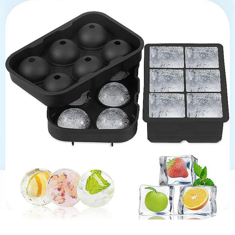 

1500 6 hole ball ice tray silicone mold square ice box 6 hole round ice cube mold, Black