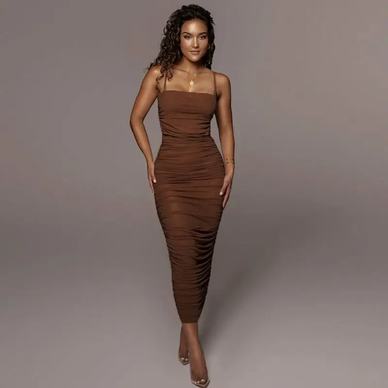 

Sexy See Through Net Maxi Dresses Women Sleeveless Solid Color Strap Clubwear Bodycon Dresses