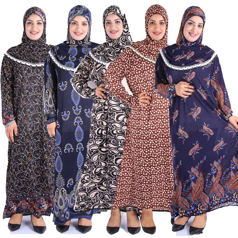 

2020 best selling Wholesale Kaftan women Muslim Abaya Islamic Prayer Clothing With Hijab QK033, Mix print