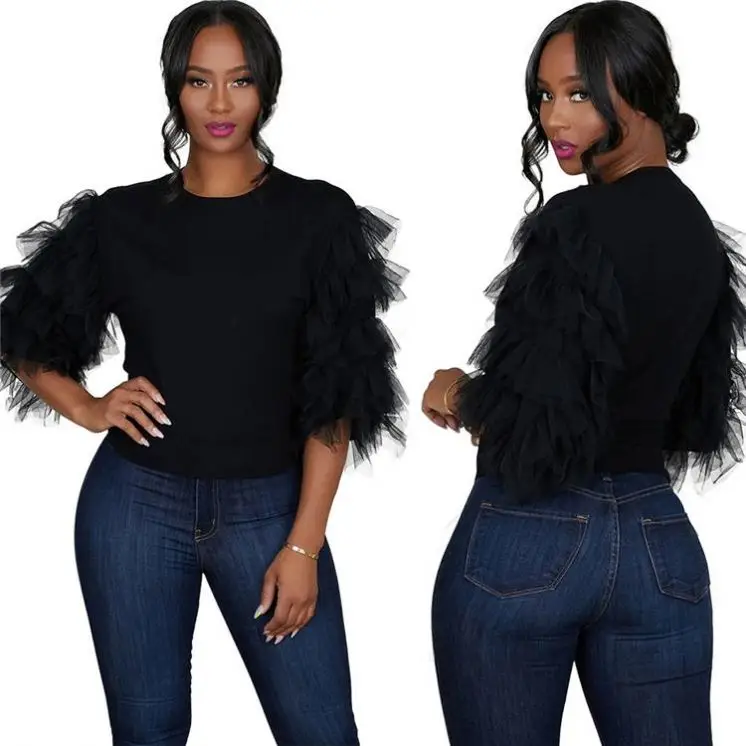 

10245OF Autumn Solid Color Round Neck Mesh Black T-shirt Boutique Latest Design Womens 2020 Fashion Stylish Clothing