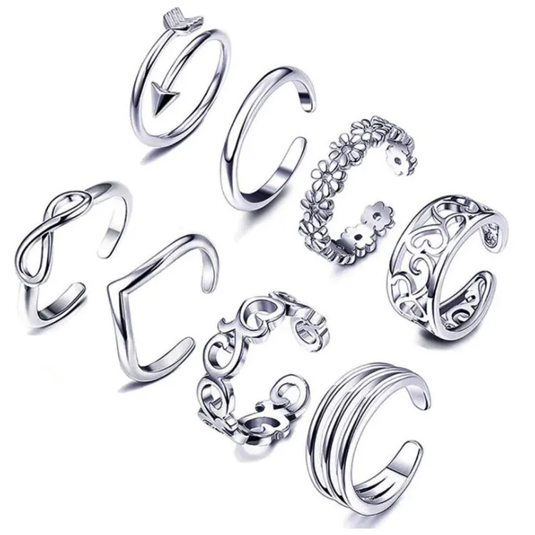 

SC Wholesale Summer Sandals Toe Rings Adjustable Foot Jewelry Fashion Sexy Engraved Flower 8 pcs Opening Toe Ring Sets for Women, Gold, silver