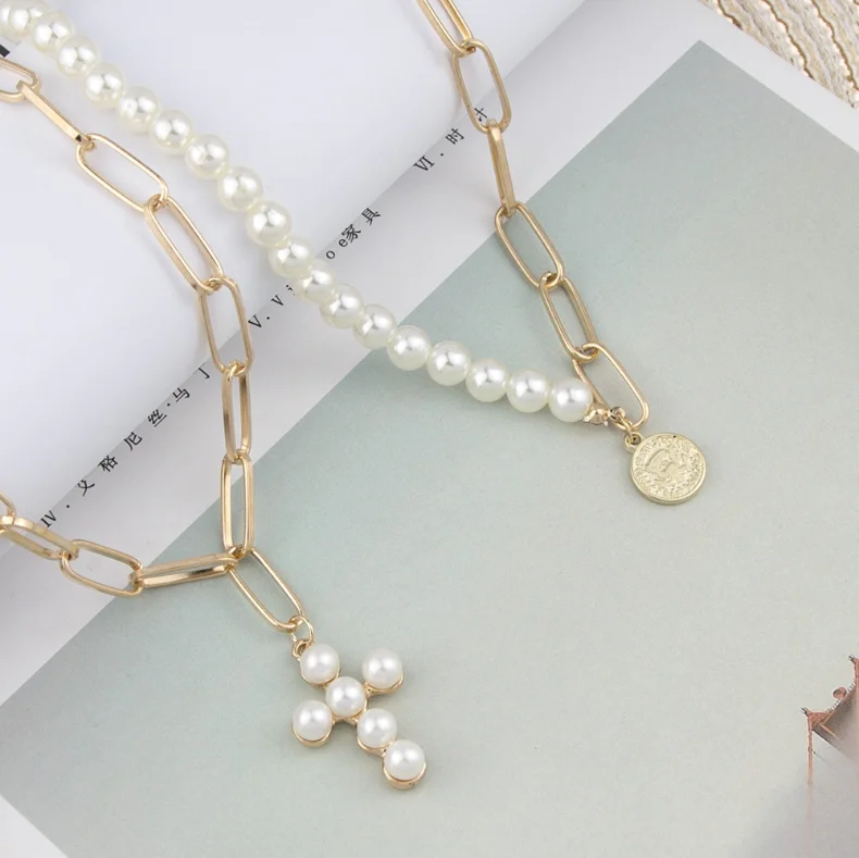 

2021 fashion dainty pearl necklace cross and gold Multi layered chain jewelry with pearl bead pendant choker necklace wholesale, Gold color