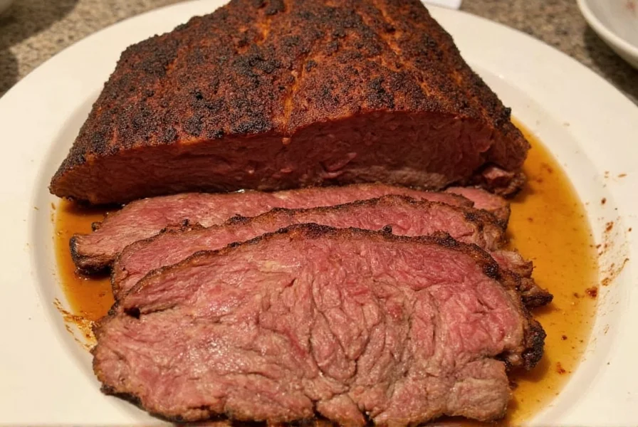 Raw beef brisket with seasoning ingredients arranged on kitchen counter
