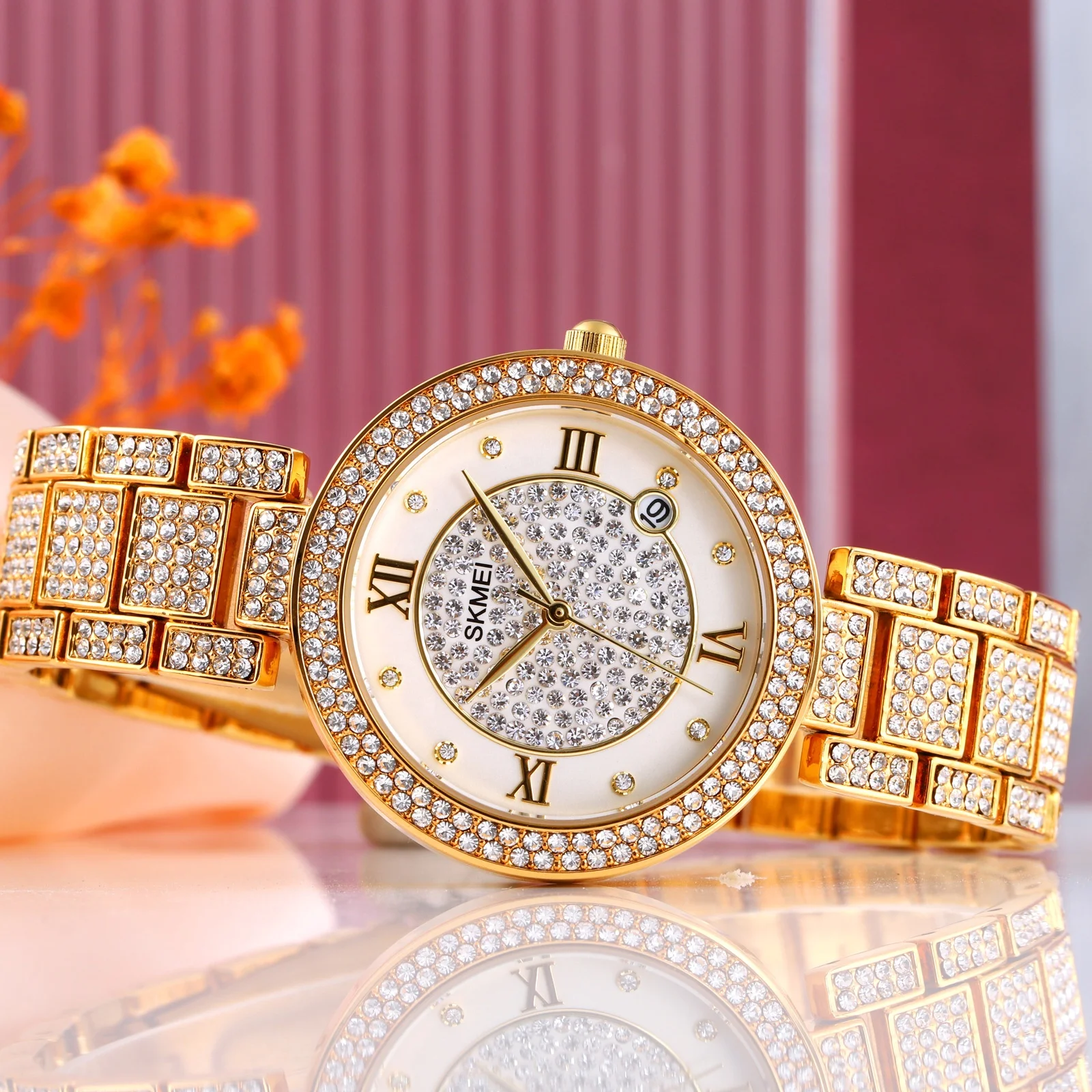 

Skmei 1739 Luxury Modern Fancy Ladies Quartz Waterproof 3ATM Wrist Watches Gold Bling Diamond Watches For Women, Rose gold,silver,gold