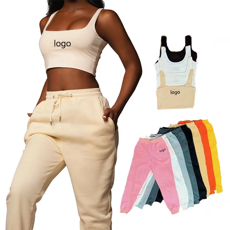 

2020 custom logo knit two piece set women clothing jogger pants with pockets and crop top vest set fall clothing for women, Customized color