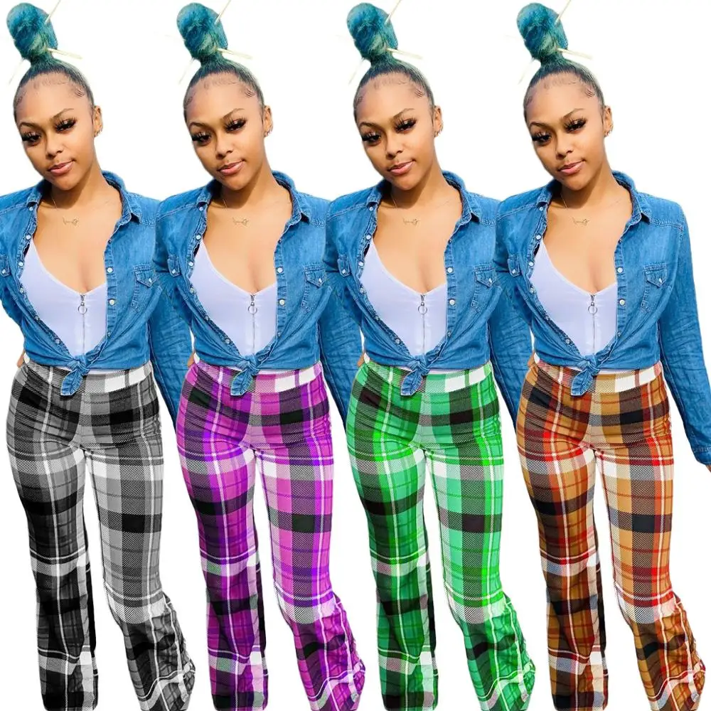 

EB-20121640 2020 Fall Clothing For Women Comfortable Girls' Yoga Flare Trousers Women Cargo Leggings Plaid Sweatpants Women