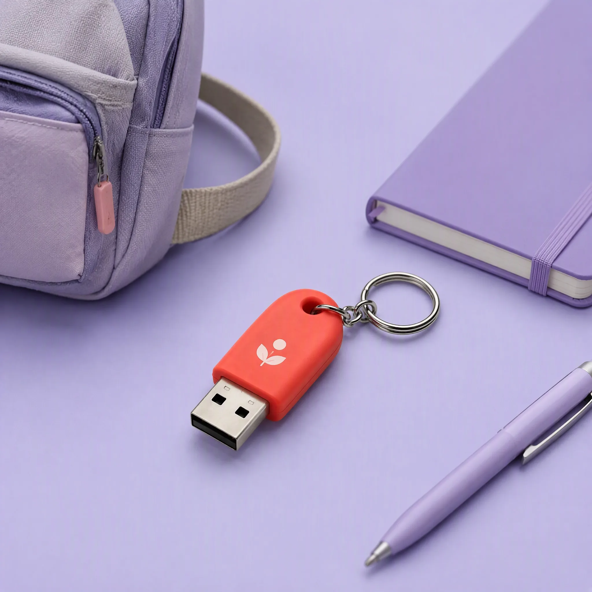 Campus Student Stationery Setup with Purple Backpack, Hardcover Journal, Pen, and Coral Silicone Capsule USB Drive