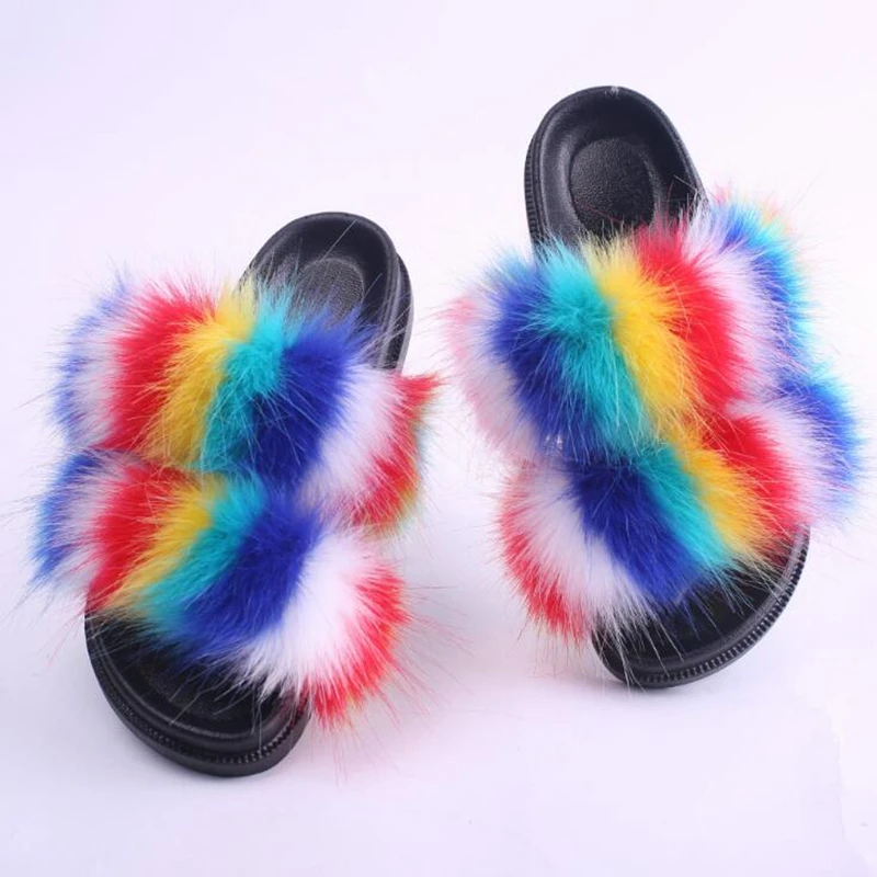 

2021 Fashion Summer Sandals Womens Furry Fox Fur Slippers Outdoor Beach Faux Fur Slides Shoes for Ladies, As pictures or customized colors