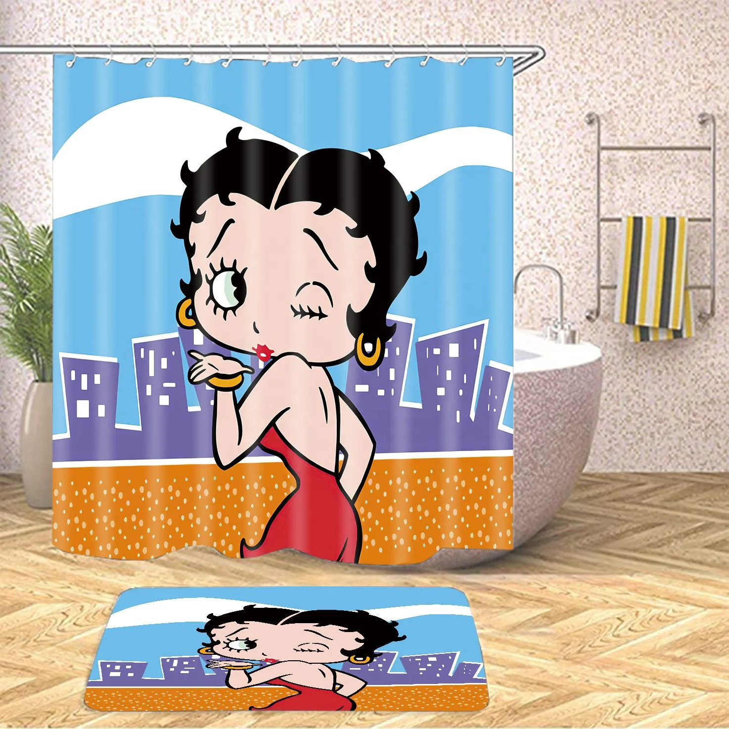

Drifting rabbit Custom Cute, sexy Betty design Bathroom shower curtain 2 Pcs sets with Non-Slip Rug Bath Mat, Custom-made