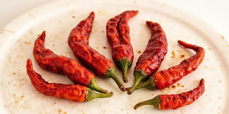 Mexican dried chiles laid out on a wooden table