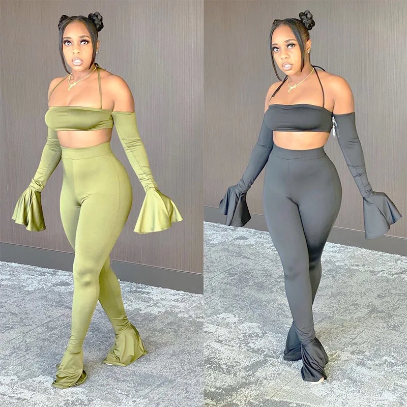 

Solid color 2pc outfit women sexy outdoor club wear ladies bodycon two pieces skinny flare pants set