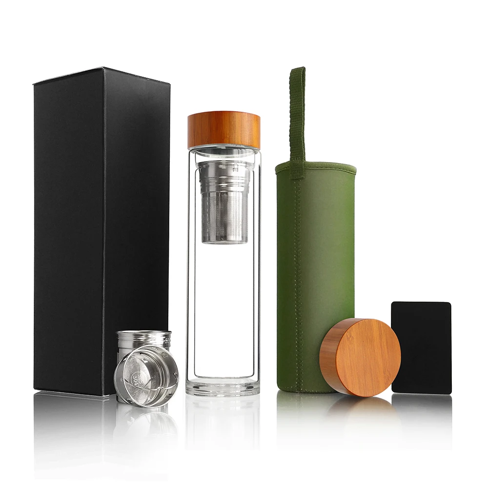 

BPA free eco-friendly Double walled high borosilicate tea infuser glass water bottle