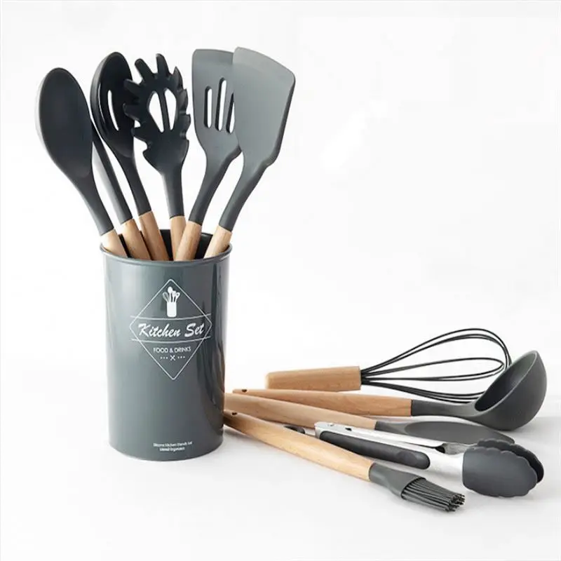 

11 piece marble silicone kitchen cooking tools wood handle silicone kitchen utensil with holder