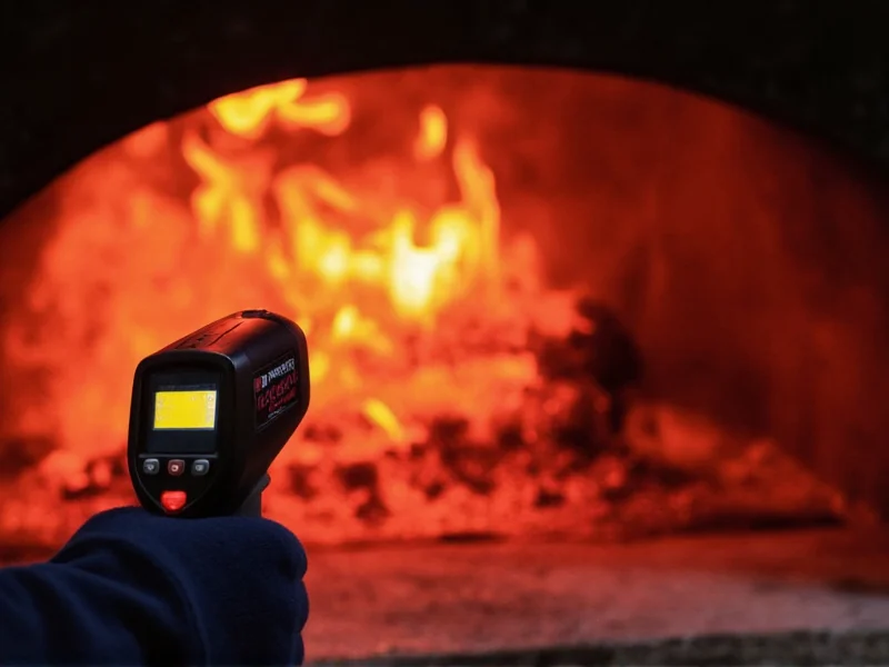 Infrared thermometer measuring brick oven floor temperature