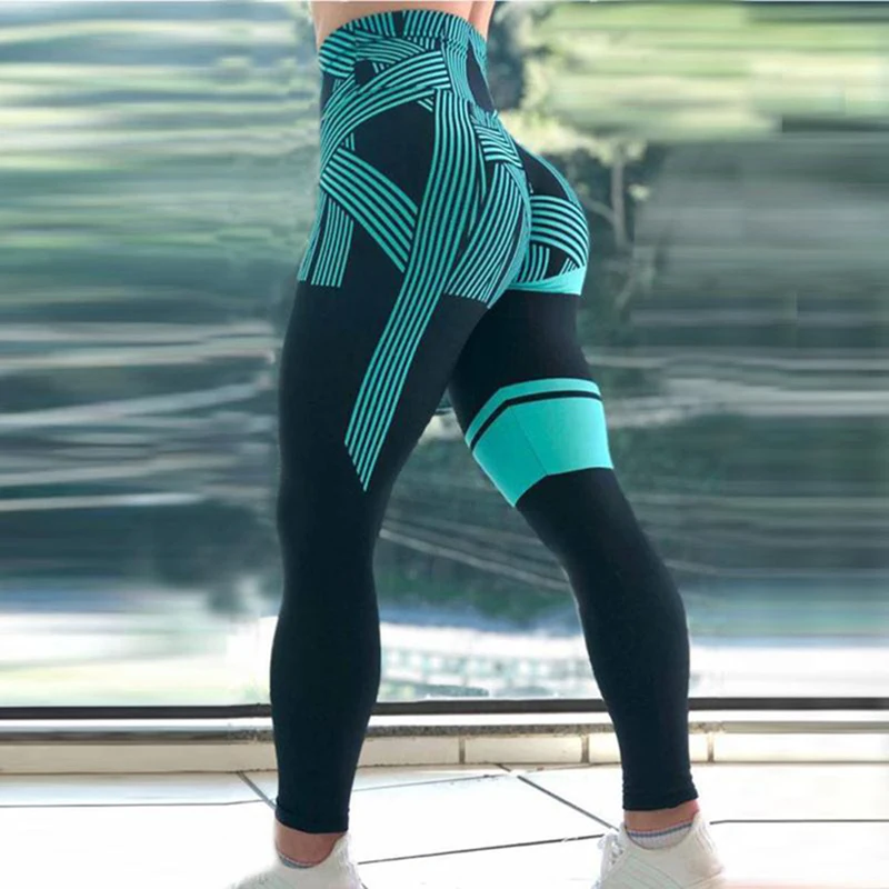 

2021 leggings Fashion Women Stripe Yoga Printed Leggings Pants, Blue /white