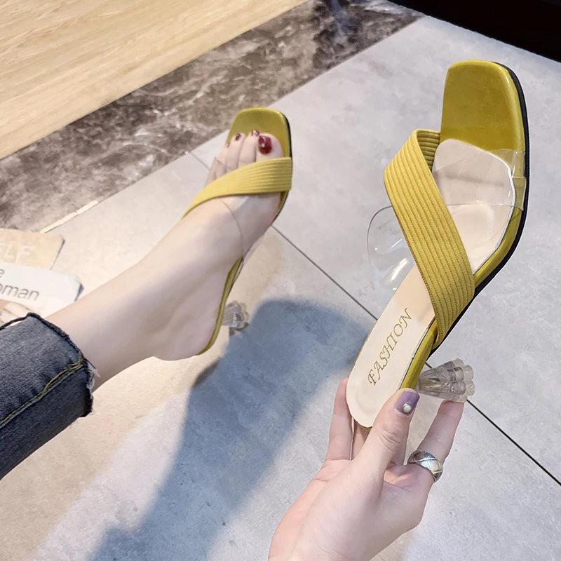 

Ladies square head transparent heel slipper sandals 411A, Black,beige,yellow